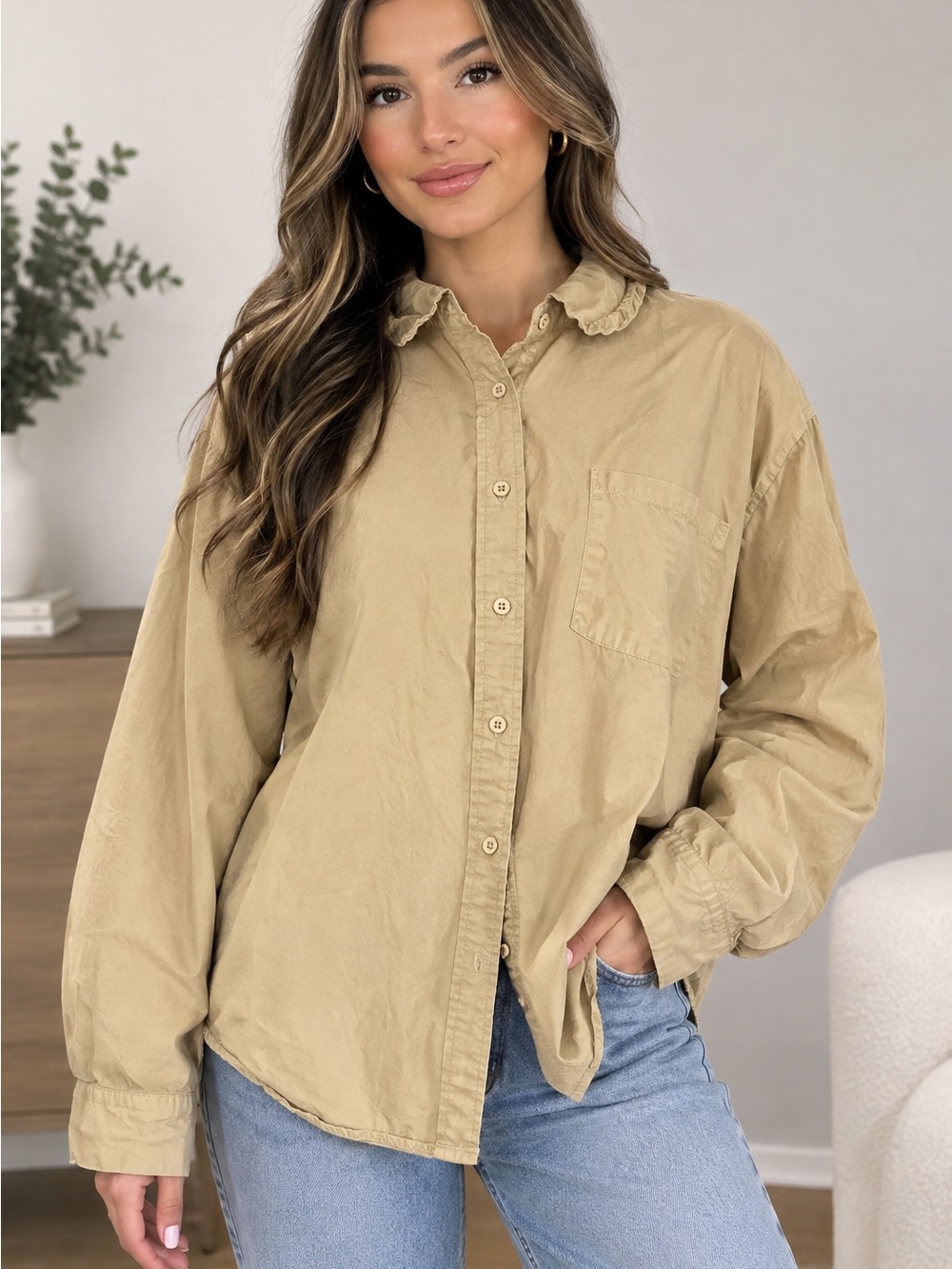 Princess Polly Khaki Ruffle Collar Button-Down Shirt